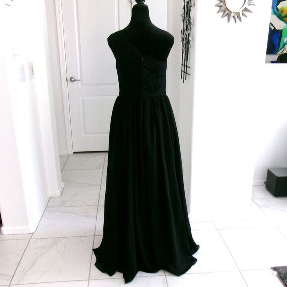 New Black One Shoulder Chiffon Gown Formal Dress M 6 S 4 Lace Top VNAIX Wedding - Picture 7 of 15